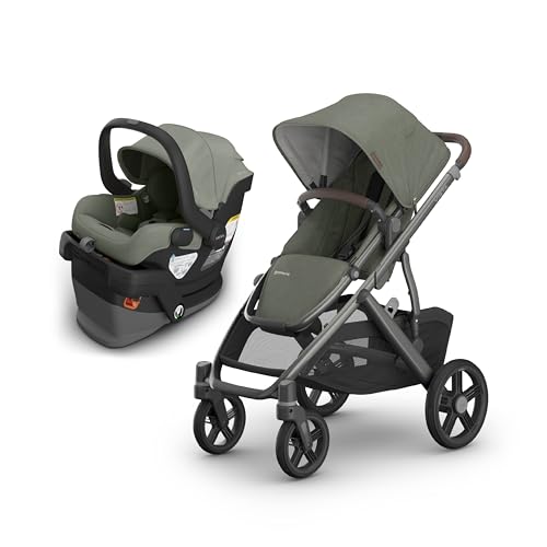 UPPAbaby Vista V3 Stroller + Mesa V3 Car Seat Travel System Combo – Toddler Seat, Bumper Bar, Bug and Rain Shields, Car Seat Base, and Infant Insert Included – Evelyn (Meadow Green)