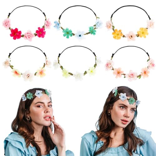 Wanmu Lot de 6 couronnes de fleurs pour femme et fille, couronne de cheveux bohème pour mariée, demoiselles d'honneur, mariage, cérémonie, fête, festival