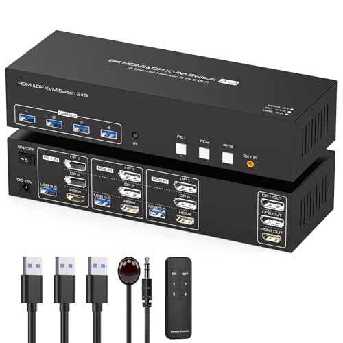 TJCXELE 8K60Hz HDMI+2Displayport KVM Switch 3 PC 3 Monitore USB3.0 Triple Monitores KVM Switches 4k144Hz für Drei PC Teilen Sie Drei Monitore und 4 USB Geräte mit Fernbedienung und 3xUSB Kabel