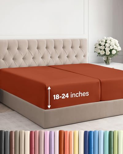 Image of Extra Deep Split King Fitted Sheet - Single Fitted Sheet Only - Terracotta | Easily Fits 18 inch to 24 inch Mattress, Soft, Wrinkle Free, Breathable & Comfy, Extra Deep Pockets Hotel Luxury Fitted Sheet