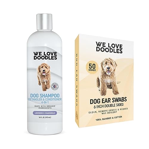 We Love Doodles Long Cotton Dog Ear Swabs & 4-in-1 Shampoo (Lavender) Bundle - Double Sided Qtips & 4-in-1 Shampoo for Dogs Kit - Swab to Flush Puppy Ears - Tear Free - Made in USA
