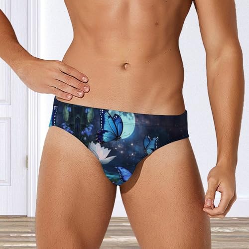Blue Butterflies Moon Printed Swim Briefs for Men Sexy Bikini Swimwear Elastic Beach Trunks Bathing Suit2