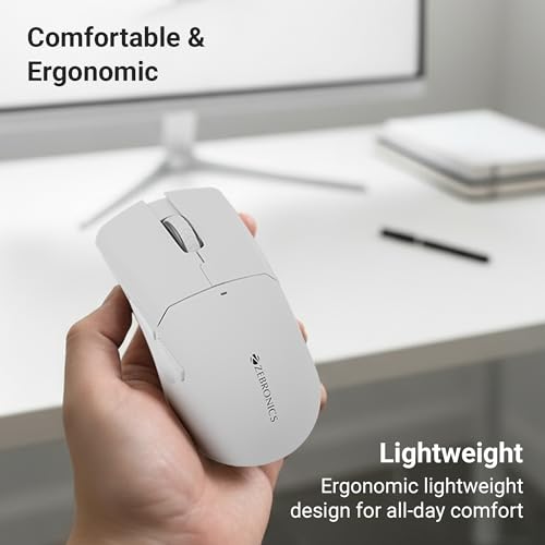 Image of Zebronics Rechargeable Wireless Mouse, Dual Mode 2.4GHz + BT, Upto 2400 DPI, 6 Buttons, USB Nano Receiver, Type-C, Silent Operation, Ergonomic Design (Blanc 100, White)