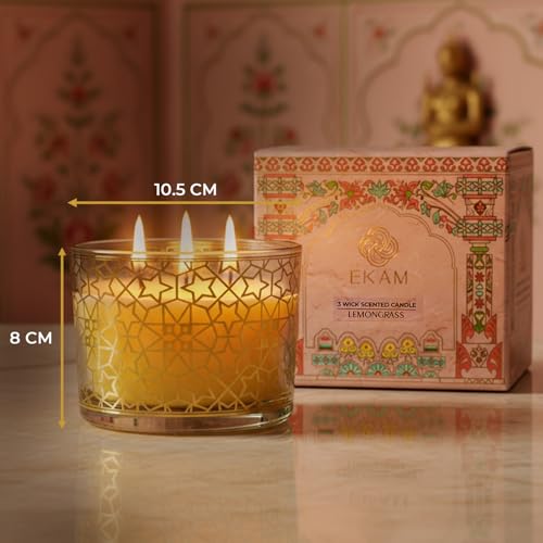 Image of EKAM 2025-26 Festive Fragrance Gift| Scented 3 Wick Candle| Lemongrass | Inspired by Pink Haveli | 28-Hour Burn | Essential Oil Infused | Gift Box for Festive Celebrations, Weddings, Giveaways, etc.
