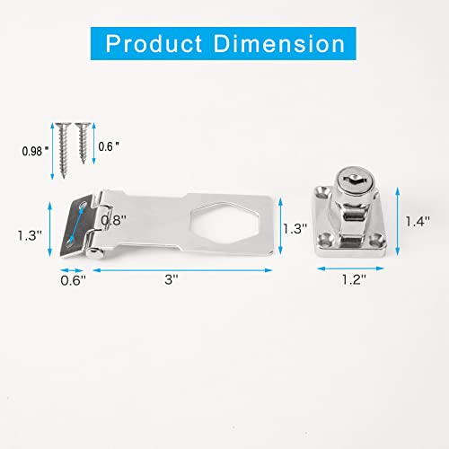 Image of 2 Pack Keyed Hasp Locks 3 Inch Twist Knob Keyed Locking Padlock Latch Lock with Keys for Door Shed Gate Cabinet Silver
