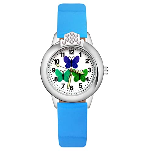Reloj de niña Dibujos Animados Bonita Mariposa Cristal Estilo Relojes Estudiante Niñas Cuarzo Correa de Cuero Reloj de Pulsera Reloj Relojes para niñas (Color : Sky Blue)
