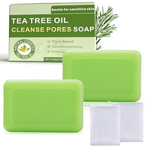 Tea Tree Oil Soap Bars - 2 Pack Natural Plant-Based Body & Foot Soap | Refreshing Daily Care Soap with Nourishing Formula | Includes 2 Soap Bags | Gentle Deep Cleansing Bar for All Skin Types, 100g
