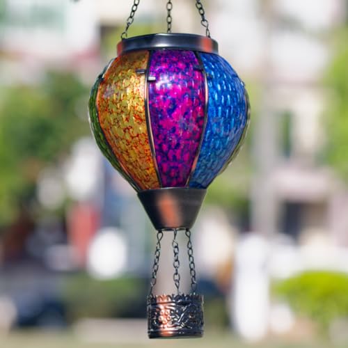 Lanterne solaire suspendue montgolfière en verre travaillé décoratif pour un porche chic