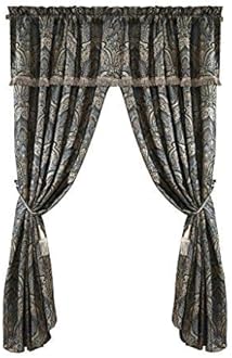 Chezmoi Collection Seville 4-Piece Jacquard Blue Gold Medallion Paisley Window Curtain/Drape Set Sheer Backing,Tassels, Valance
