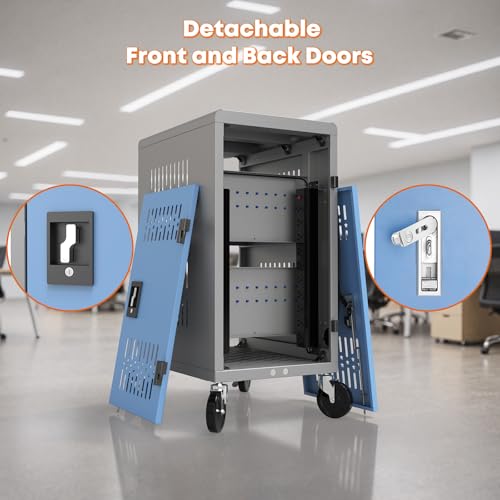 Image of Fully Assembled Laptop and Tablet Charging Cart for Up to 14 inch Screen Size - 20 Device Mobile Storage Cabinet Fits Chromebook, Tablet, Laptop, Suitable for Classroom, School & Office (Gray)