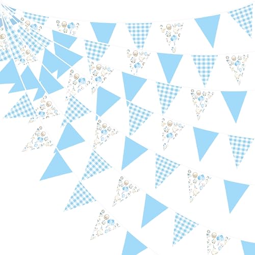 Image of 32Ft Goose Party Decorations Blue Gingham Plaid Silly Goose Themed Fabric Banner Triangle Pennant Flag Garland Streamers for Kids Boys Farm Animals First Birthday Baby Shower Duck Garden Supplies