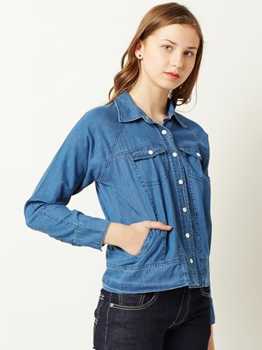 Image of Miss Chase Women's Polo Neck Full Sleeves Patch Pocket Denim Overcoat Knee-Length Jacket