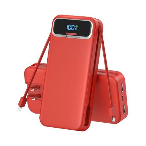Image of Nusyddy Portable Charger 20000mAh 22.5W w /Built-in Cables & Wall Plug Red | 22.5W Fast Charging, High Capacity, LED Display, Charge 5 Devices at once, TSA Approved, Compatible with iPhone /iPad /Samsung