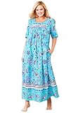 Only Necessities Women's Plus Size Bib Front Lounger House Dress, Nightgown - 2X, Caribbean Blue Paisley