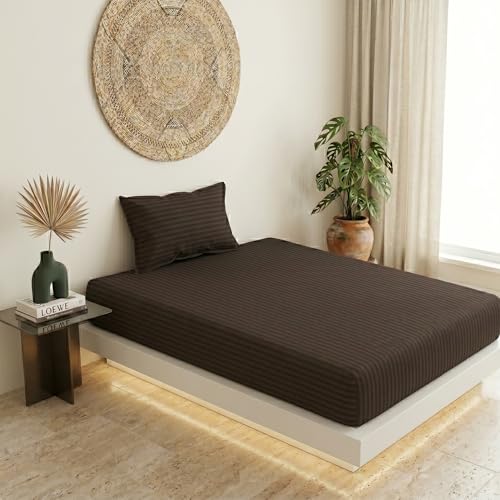 Image of Filymore Single Bed Bedsheet with 1 Pillow Cover, 300 TC Soft Microfiber Satin Striped Bedsheet, Brown Striped Bedcover for Single Bed, Breathable & Comfortable Bedding Set (90x60 Inches)