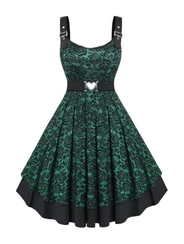 ROSE GAL Women Plus Size 1950s Vintage Floral Lace Jacquard Belt Fit and Flare Dress Rockabilly Retro Pinup Dress Cocktail Party Formal Dress(Green_1/3X)