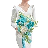 TINGE TIME 11 Inch Wedding Bouquets for Bride, TealBlue Artificial Flowers Bouquet, Brides & Bridesmaids Bouquet for Wedding Anniversary Ceremony Bridal Shower Decorations