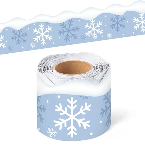 Image of BeYumi Winter Snowflake Border Trim - 65ft Winter Christmas Sage Blue White Snowflake Scalloped Rolled Border Trim Bulletin Board Borders School Classroom Door Home Office Chalkboard Party Decoration