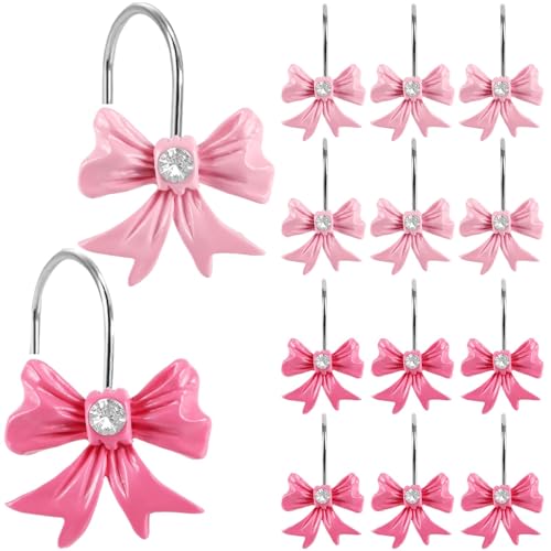 12PCS Pink Bow Shower Curtain Hooks, Coquette Decorative Shower Curtain Rings with Diamond, Cute Shower Hanger Hooks for Girls, Bathroom Bedroom Decor Accessories