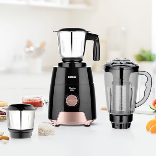 Image of Borosil Silverline RG 600 W Mixer Grinder | Wet & Dry Mixing, Grinding & Blending | 3 Jars (1.5 L Blending Jar, 1 L Grinder Jar, 0.4 L Chutney Jar) | Mixie For Kitchen, White | 2 Years Warranty