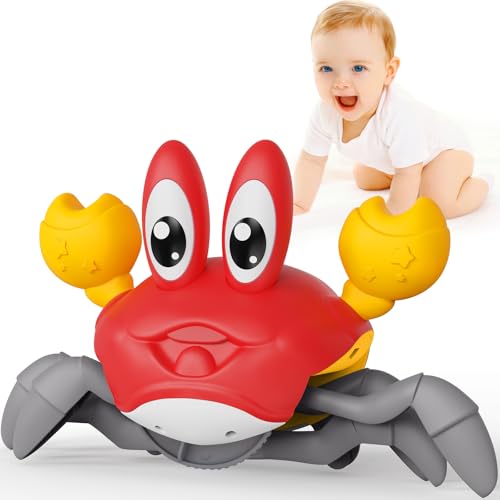 FunMission Crawling Crab Baby Toy, Infant Tummy Time Toys for 3-6 Year olds with Music and LED Light, Sensory Toys for Babies Toddlers 3 Year Old, Music Development Gift for 7 8 9 Year olds boy?RED?