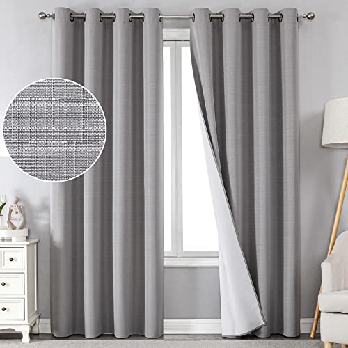 Miss Selectex Linen Blackout Curtains 63 Inches Long 100% Absolutely Blackout Thermal Insulated Textured Linen Look Curtain Draperies Anti-Rust Grommet,Energy Saving With White Liner, 2 Panels, Grey #TOP13