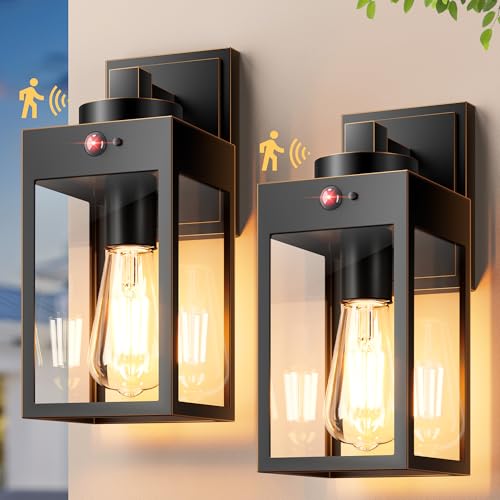 Image of Gleamz Motion Sensor Outdoor Wall Light Fixtures, Anti-Rust, Waterproof | Dusk to Dawn Modern Black Gold Trim Exterior Light Fixtures Wall Mount for House, Garage, Coach, Entryway, Waterproof, 2-Pack