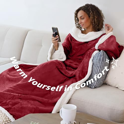 Image of Catalonia Sherpa Wearable Blanket with Sleeves Arms,Super Soft Warm Comfy Large Fleece Plush Sleeved TV Throws Wrap Robe Blanket for Adult Women and Men Wine