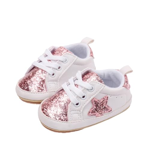 Image of Himllauen Infant Baby Boy Girl Sneakers Toddler Contrast Color Sequins Shoelace Soft Sole Non-Slip Newborn First Walking Shoes for Spring Autumn (Pink, 12-18 Months)