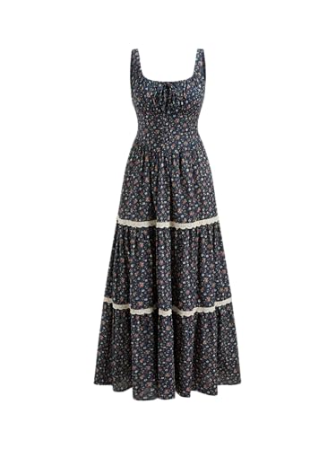 CIDER Maxi Dress Floral Print Tiered A Line Scoop Neck High Waist Beach Boho Cotton Dress