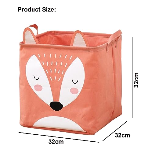 Image of House of Quirk Cotton Linen Collapsible Square Storage Baskets Cute Kids Toys Storage Organiser for Laundry Basket Organizer Home, Bedroom, Dorm, Clothes (Orange), 32 cm , 32 x 32 x 32 cm