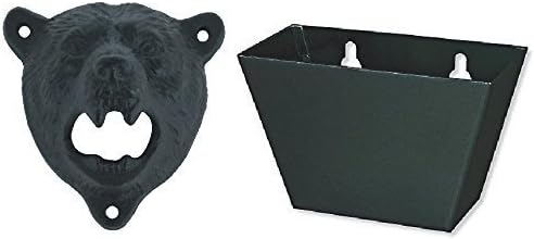 Bottle Opener, Iron Bear Teeth Wall Mount Bottle Opener and Cap Catcher Set (Black Bear Opener + Black Catcher)