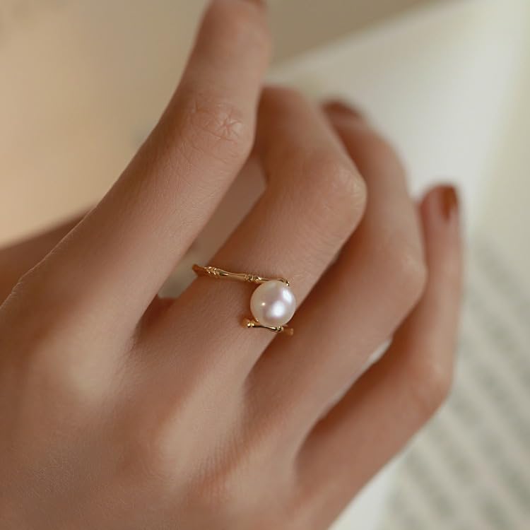 925 Sterling Silver Freshwater Cultured Pearl Ring Gold Pearl Promise Ring for Women tatement Expandable Adjustable Rings Pearl Ball Open Rings （Gold）2
