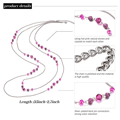 Noessla Long Silver Necklace For Women Bohemian Layered Statement Costume Long Necklaces For Women Fashion Jewelry Mothers Day Gifts(Hot Pink) #TOP4
