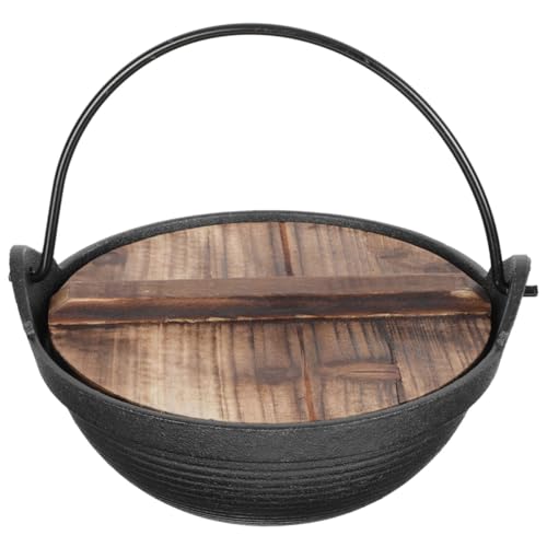 MOBUTOFU Cast Iron Sukiyaki Pot with Wooden Lid 20Cm Japanese Style Hanging Hot Pot Outdoor Cooking for Camping and Hiking