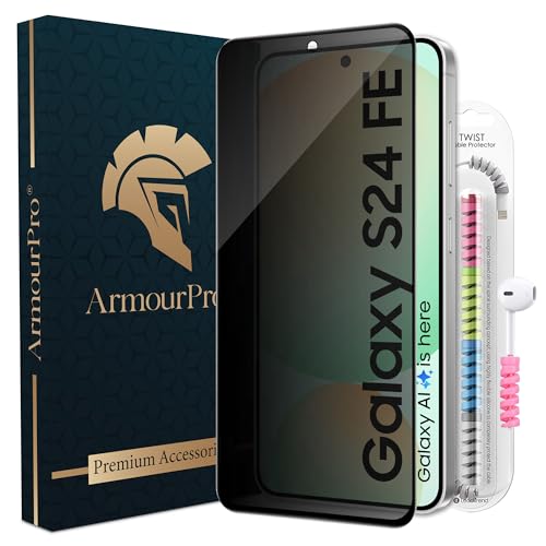 Image of ArmourPro Privacy Tempered Glass for Samsung Galaxy S24 FE, Galaxy A56 and Samsung A36, Anti Spy Anti Peeping Screen Protector, Edge-to-Edge Full Coverage, 9H Hardness with Cable Protector | Black