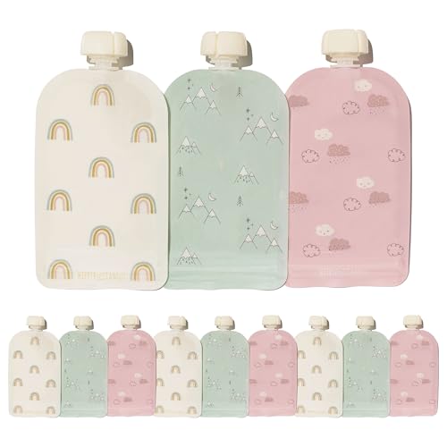 Hippypotamus Reusable Baby Food Pouches - 12 Pack - Baby Food Storage - Pouches Toddler - Refillable Squeeze Pouch for Kids (Rainbow/Mountain/Cloud)