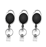 Retractable Badge Reel with Carabiner Belt Clip and Key Ring for ID Card Key Keychain Badge Holder Black 3 Pack by Foroffice