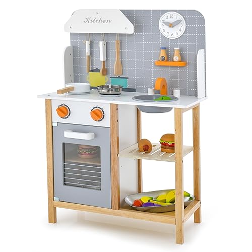 Costzon Kids Kitchen Playset, Wooden Toy Kitchen Set with Sink, Faucet, Stove, Oven, Clock, Dish Rack, Storage Shelf, Cooking Accessories, Pretend Play Kitchen for Toddlers, Gift for Boys Girls