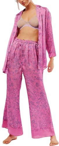 Image of Women Floral Satin Pajamas Long Sleeve Button Shirt Silk Wide Leg Pants Set