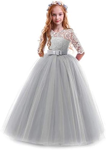 Spring Flower Girl Wedding Bridesmaid 3/4 Sleeves Kids Floral Lace Pageant Communion Princess Dress Prom Evening Dance Gown Gray 9-10 Years