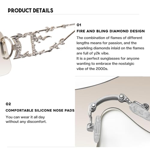 mosanana Y2K Rhinestone Flame Rectangle Sunglasses for Women with Bling Glitter MS523504