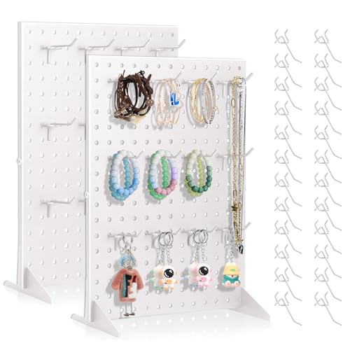 2 Pack Peg Board Display Stand for Vendors with 24 Hooks Metal Tabletop Pegboard Display Stand for Craft Shows 17" X 13" Retail Display Racks Peg Board Organizer Holder White