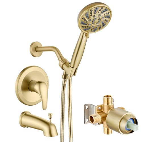 Image of gotonovo Bathroom Shower Head Kit High Pressure Combo System Shower Faucet 6 Modes ABS Handheld Spray Shower Trim Kit Valve Included Shower Head and Handle Set Brushed Gold