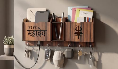 Image of Wall Mount Key Holder & Mail Organizer | Laser-Cut Key Hanger with 7 Metal Hooks, Letter Rack & Pen Stand | Wooden Wall Decor for Entryway, Living Room, Home & Office (Har Har)