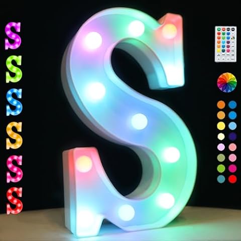 Light Up Colorful LED Marquee Letter lights, 18 Colors Changing Alphabet Letters Sign with Remote Timer for Night Light Girls Bedroom Wedding Birthday Party Lamp Christmas Home Bar Decor- Colorful S Cover