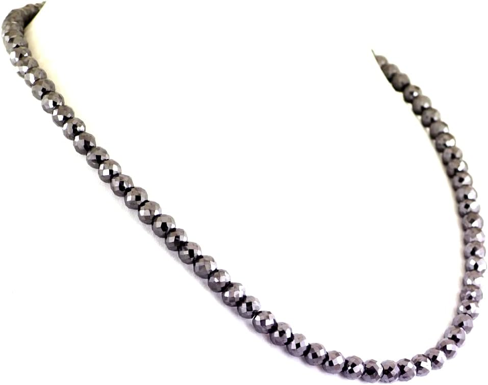skyjewels 7mm-8mm Certified Rough Faceted Black Diamond Beads Necklace With 925 Sterling Silver, Beautiful Woman's Necklace, Great Sparkle(16 Inches Length)