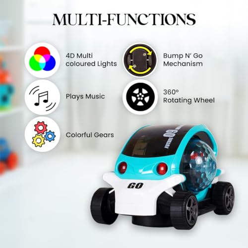 Image of Gooyo GY-158A 360 Rotating Stunt Car Toy with Music & 4D Vibrant Lighting Effect | Bump & Go Action Car for Kids | Musical Toy Car | Blue | 3xAA Battery (Not Included)