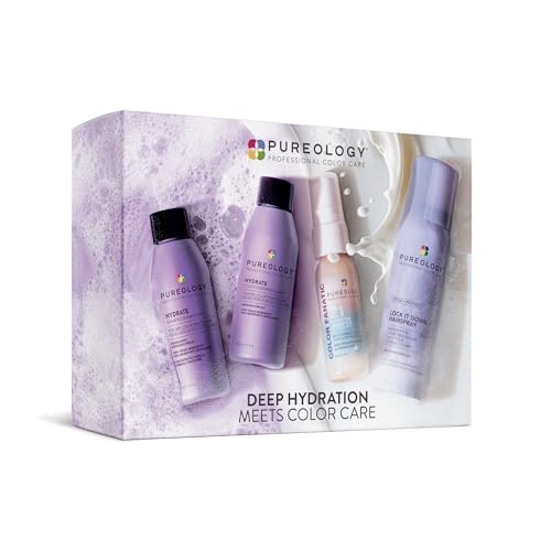 Pureology Hair Hydration Discovery Kit - Shampoo Conditioner Color-Fanatic Leave-In Treatment & Hairspray Deeply Moisturizes Instant Softness & Shine For Dry and Color Treated Hair Travel Size