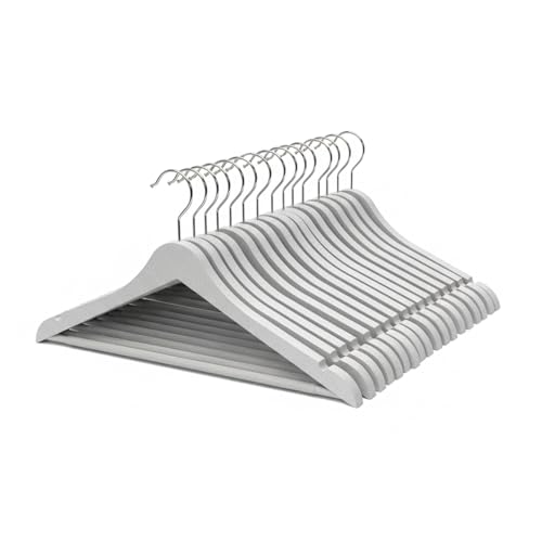 Image of Amazon Basics Plastic Hangers - Grey Color, Chrome Hook, Glossy Finish, Pant Bar, Lightweight Design, 5kg Load, Pack of 20 (Size: 44 L x 23 H x 1 W cm)